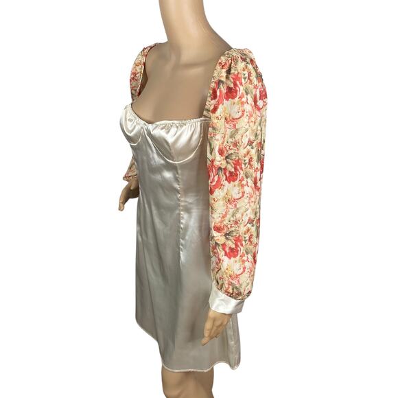 Cider NEW Museum Date Floral Puff Sleeve Satin Bustier Mini Dress SZ M - Picture 6 of 9